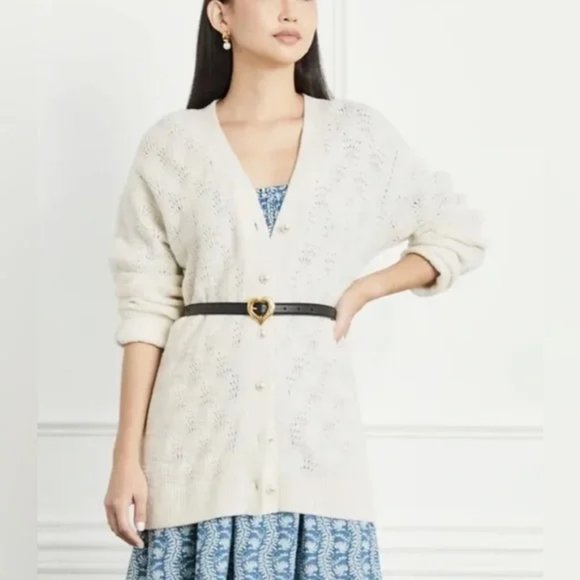 Hill House Merino Wool Simple Grandpa Cardigan Pointelle Knit Sweater in Navy L - Picture 5 of 5